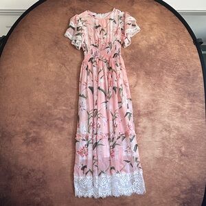 Gorgeous Floral Pink Maxi Dress with Lace Trim - Pride & Prejudice Style